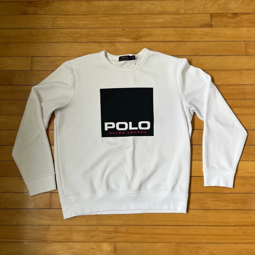 Polo Ralph Lauren Mens Large White Graphic Box Logo Crewneck Sweatshirt Pullover